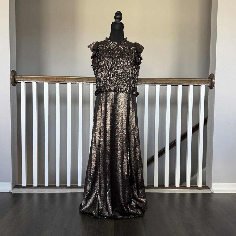 SEA NY NWT Sequin Smocked Ruffle Sleeveless Gown Midi Dress Bronze Sz 10 Formal